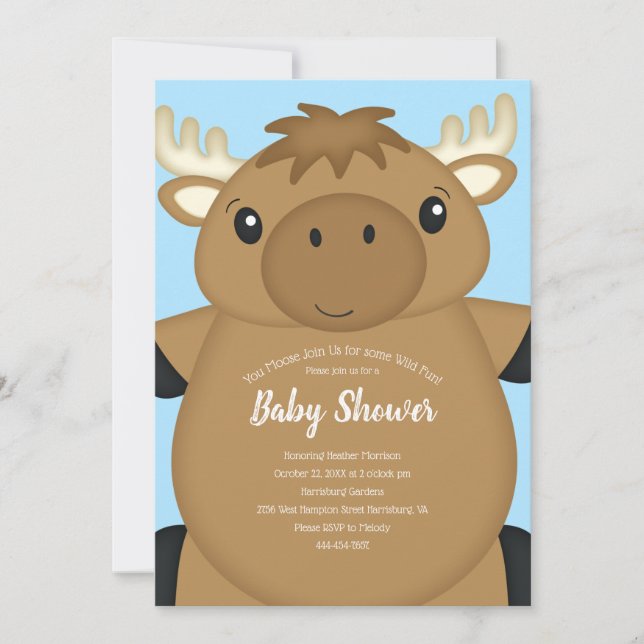 Moose Baby Shower Blue Einladung (Vorderseite)