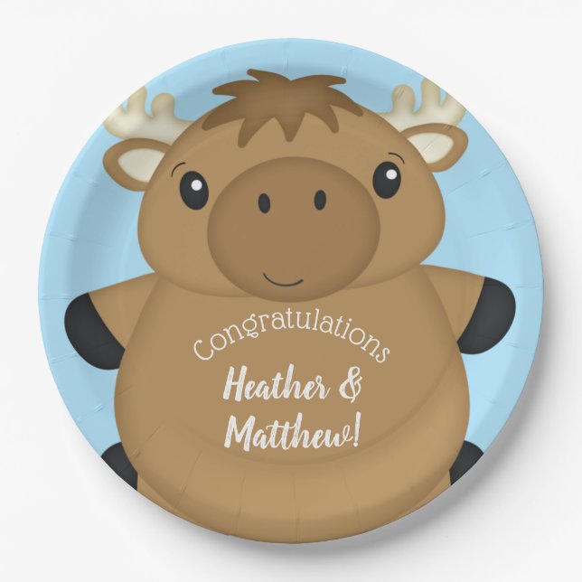 Moose Baby Shower Blue Pappteller (Vorderseite)