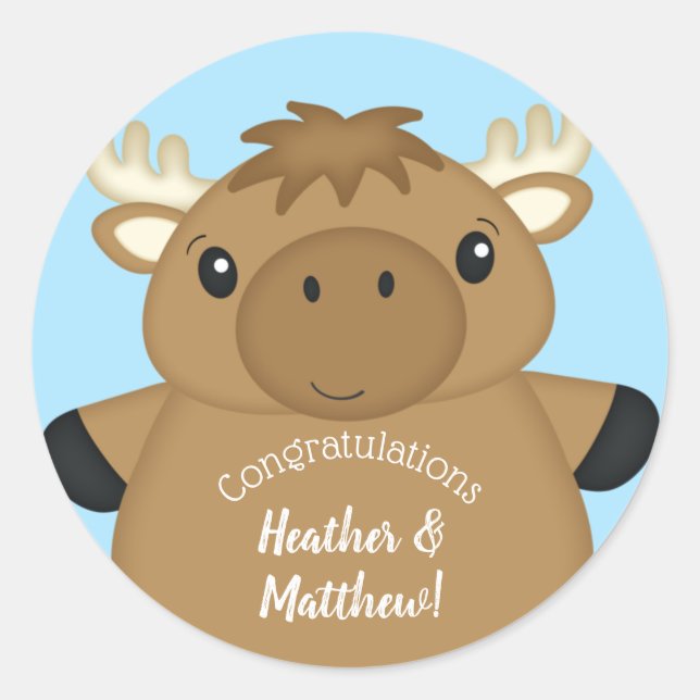Moose Baby Shower Blue Runder Aufkleber (Vorderseite)