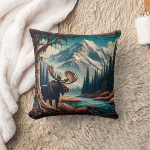Moose by Mountain Stream im Herbst Landschaft Kissen