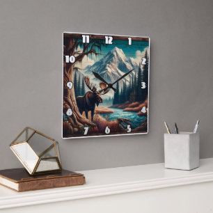 Moose by Mountain Stream im Herbst Landschaft Quadratische Wanduhr