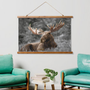 Moose Cabin Art Schwarz-weiß Wandteppich Mit Holzrahmen