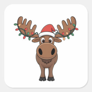 Moose Christmas Tree Lights Funny Xmas Moose Lover Quadratischer Aufkleber