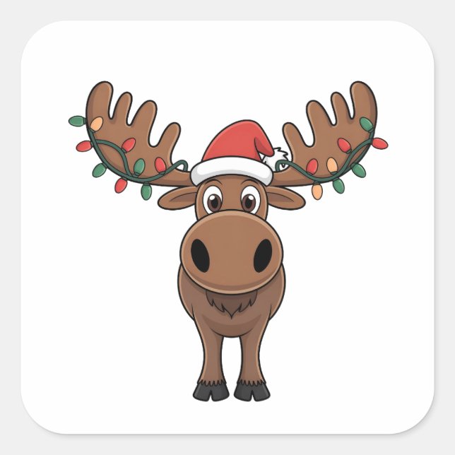 Moose Christmas Tree Lights Funny Xmas Moose Lover Quadratischer Aufkleber (Vorderseite)