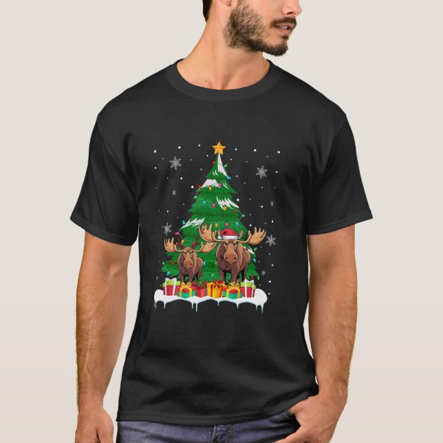 Moose Christmas Tree Lights Santa Reindeer Xmas PJ T-Shirt (Vorderseite)