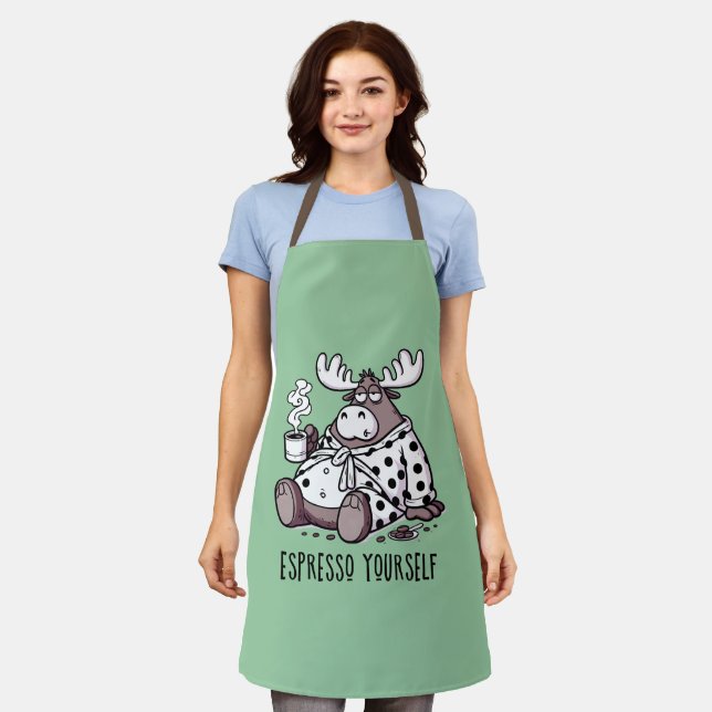Moose Drink Kaffee in einem Polka Dot Robe Schürze (Getragen)