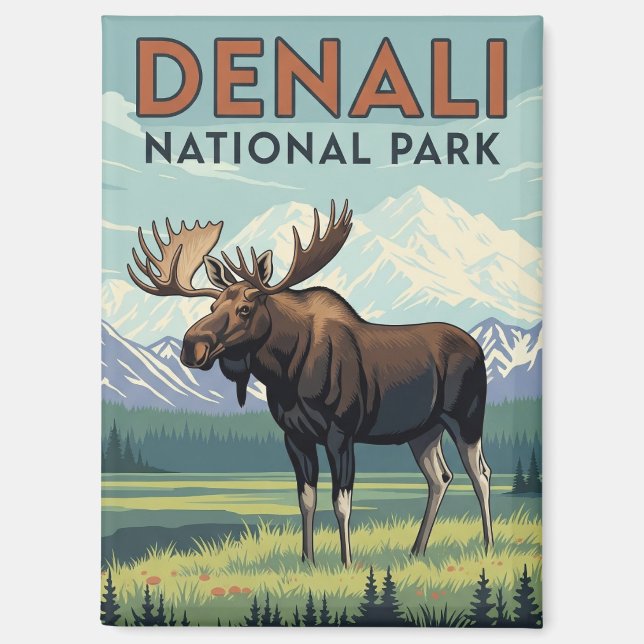 Moose in Denali National Park Alaska Vintage Magnet (Vorderseite)