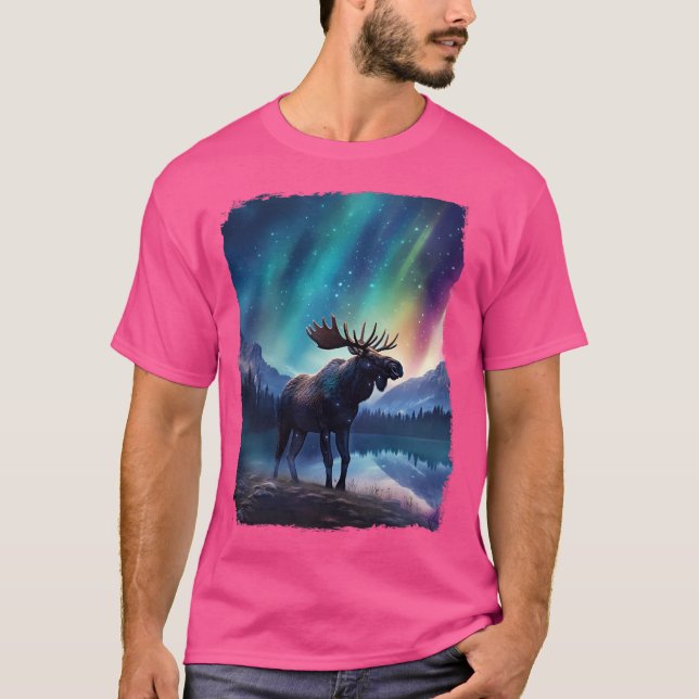 Moose Northern Light Aurora Borealis Landschaft T-Shirt (Vorderseite)