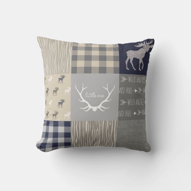 Moose Patchwork Pillow - Navy, Tan Gray Kissen (Vorderseite)
