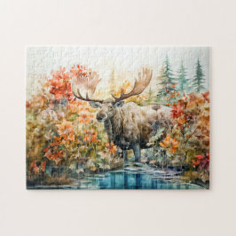 Moose standing in pond among plants puzzle