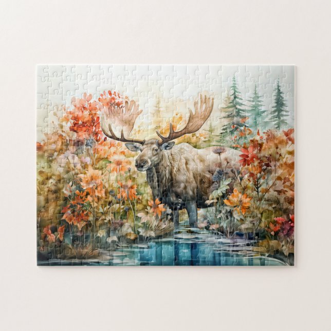 Moose standing in pond among plants puzzle (Horizontal)
