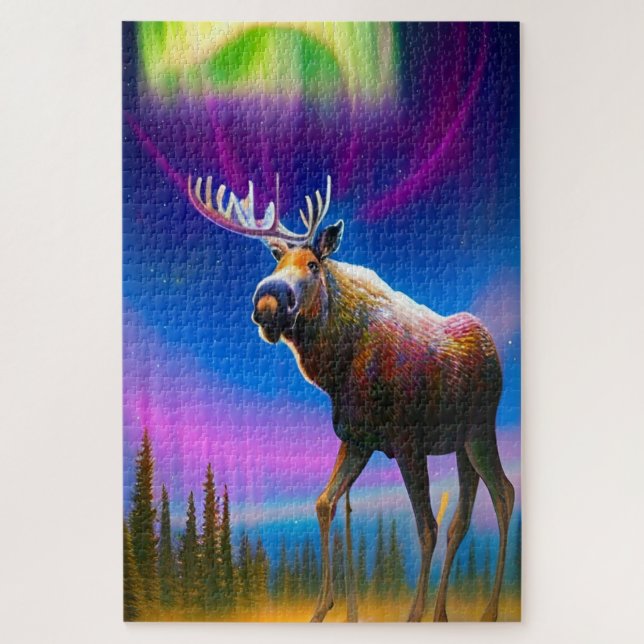 Moose Under Colorful Aurora Borealis Sky Puzzle (Vertikal)