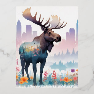 Moose Vintag Animal NatourForest Blume Art Folien Feiertagspostkarte