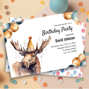 Moose Watercolor Woodland Animal Birthday Party Einladung