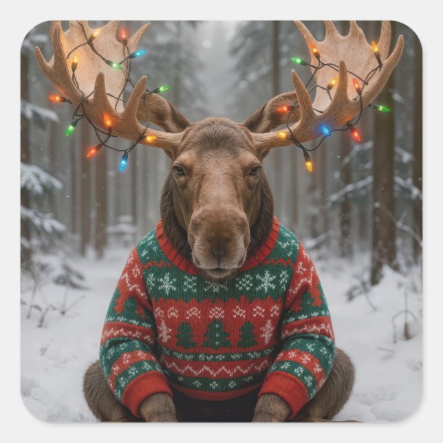 Moose Wearing Ugly Christmas Sweater Quadratischer Aufkleber (Vorderseite)