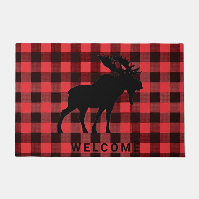 Moose Welcome Red Black Kariert Fußmatte (Vorderseite)