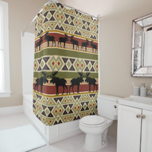 Moose Wildlife Animal Red Green Ochre Ikat Streife Duschvorhang