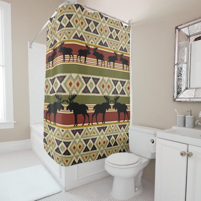 Moose Wildlife Animal Red Green Ochre Ikat Streife Duschvorhang (Beispiel)