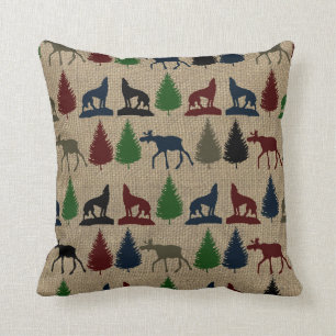 Moose Wolf Pine Tree Rustic Burlap Print Kissen