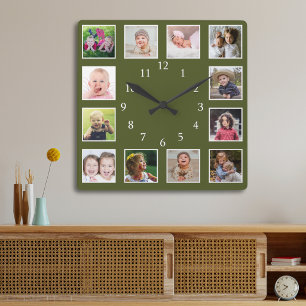 Moosgrün 12 Foto-Collage personalisiert Quadratische Wanduhr