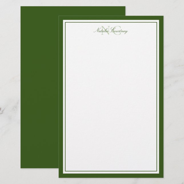 Moosgrün Zwei Monogramm Dick und Dünn Rand  Briefpapier (Vorne/Hinten)