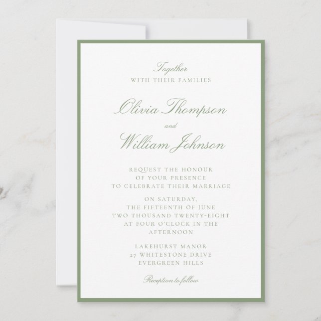 Moosgrüne eingerahmte Hochzeitseinladung Einladung (Vorderseite)