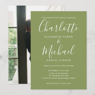 Moosgrüne elegante moderne Schrift Foto-Hochzeit Einladung