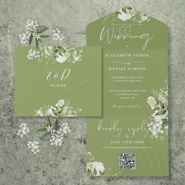 Moosgrüne Florale QR-Code-Monogramm-Hochzeit All In One Einladung (Moss Green Floral QR Code Monogram Wedding All In One Invitation)
