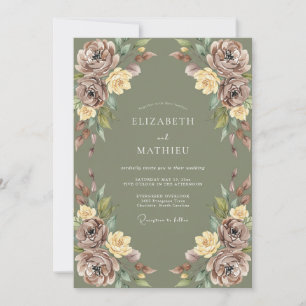 Moosgrüne pastorale Blumenhochzeit Einladung