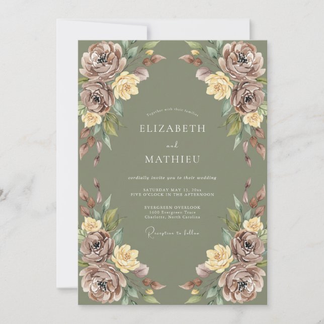 Moosgrüne pastorale Blumenhochzeit Einladung (Vorderseite)