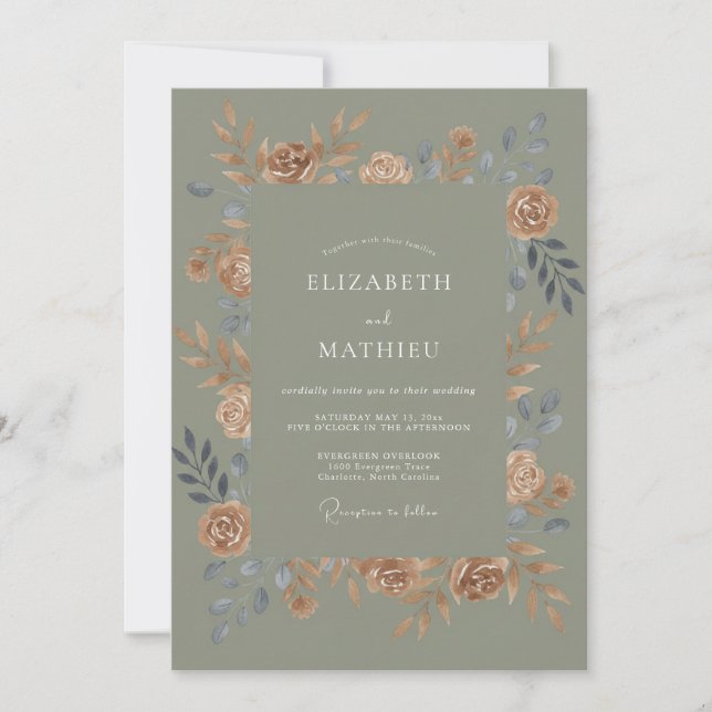 Moosgrüne warme botanische Hochzeit Einladung (Vorderseite)