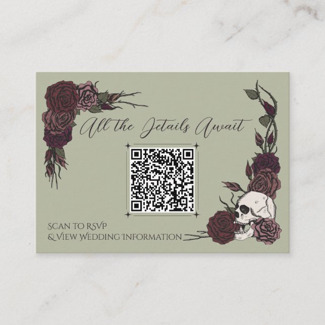 Moosgrüner Blumenschädel & Tinten-QR-Code Karte (Vorderseite)