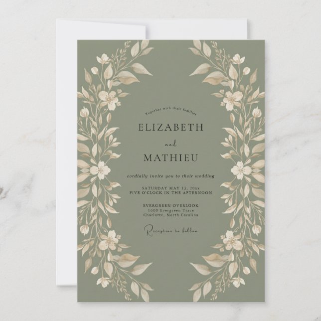 Moosgrüner Kranz Hochzeit Einladung (Vorderseite)