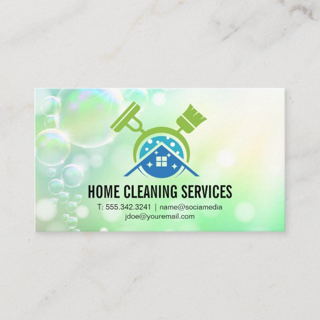 Mop-Broom-Reinigungs-Logo | Janitorial Services Visitenkarte (Vorderseite)