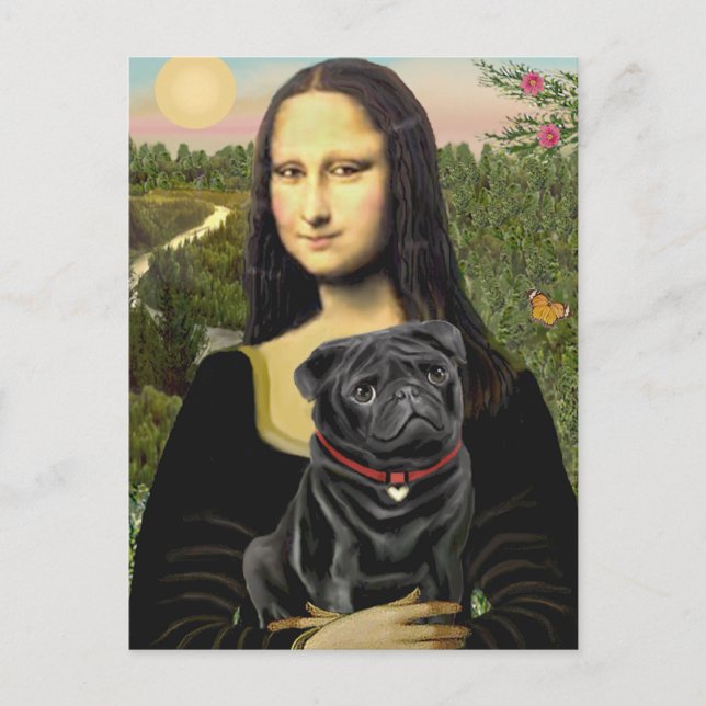 Mops 16 (schwarz) - Mona Lisa Postkarte (Vorderseite)