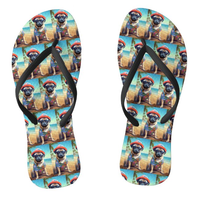 Mops am Strand, Sommergeschenk für Hundefreunde Flip Flops (Fußbett)