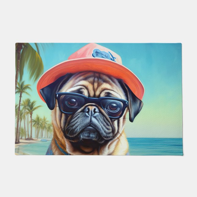 Mops am Strand, Sommergeschenk für Hundefreunde Fußmatte (Vorderseite)