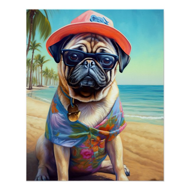 Mops am Strand, Sommergeschenk für Hundefreunde Poster (Vorderseite)