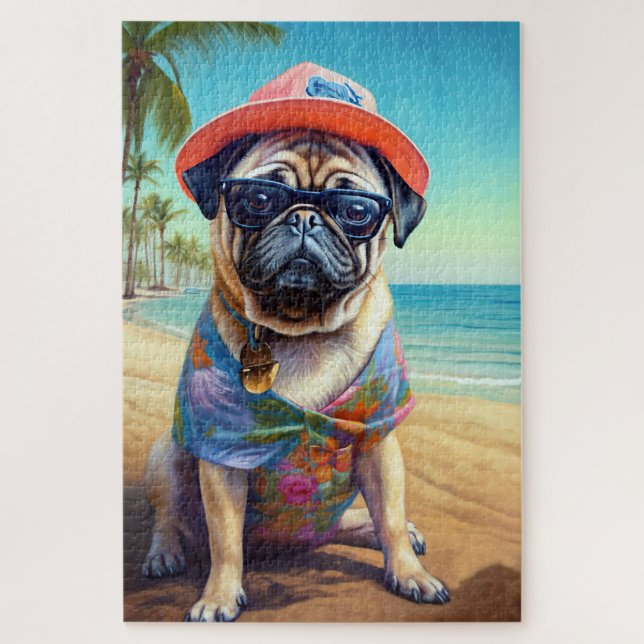 Mops am Strand, Sommergeschenk für Hundefreunde Puzzle (Vertikal)