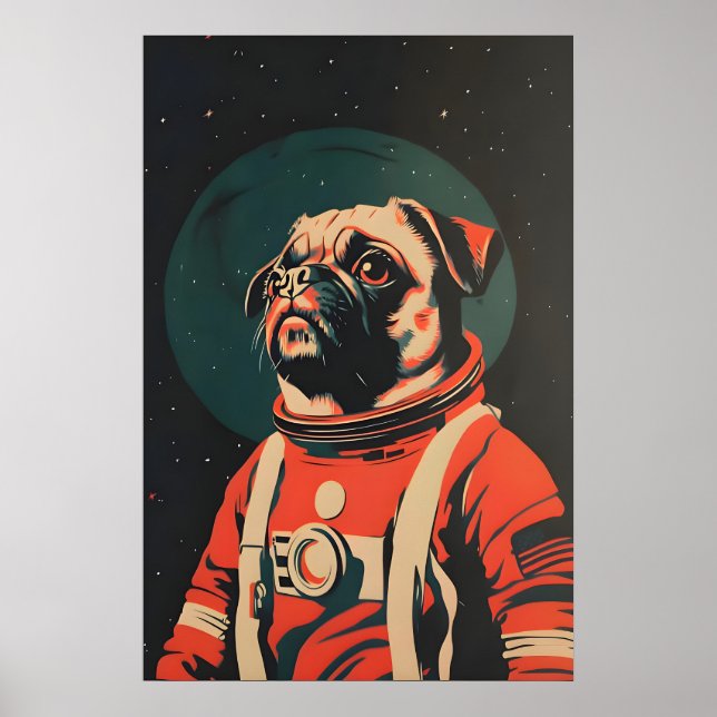 Mops-Astronautenposter, Mops-Retro-Druck, Mops Poster (Vorne)