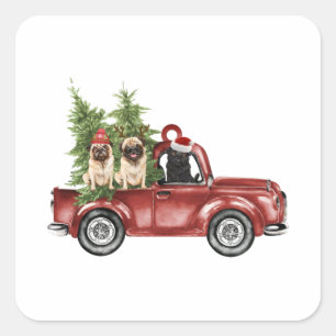 Mops auf dem Auto Weihnachtsschmuck Weihnachtsbaum Quadratischer Aufkleber