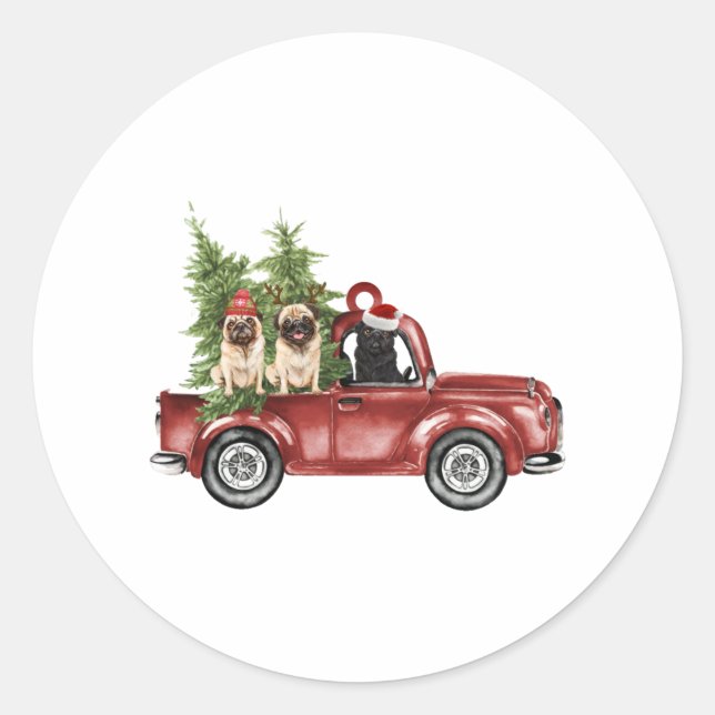 Mops auf dem Auto Weihnachtsschmuck Weihnachtsbaum Runder Aufkleber (Vorderseite)