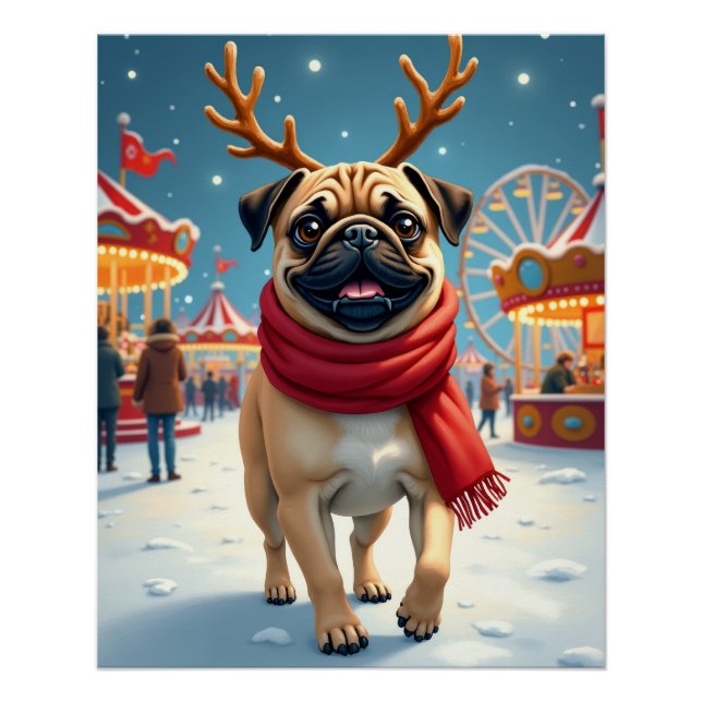 Mops auf dem Winterfestplatz Weihnachtsmalerei Poster (Vorderseite)