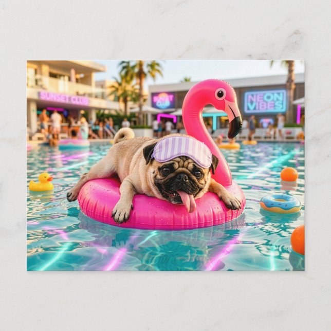 Mops auf rosa Flamingo-Schwimmhilfe Postkarte (Vorderseite)