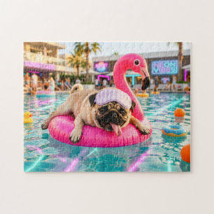 Mops auf rosa Flamingo-Schwimmkörper Puzzle