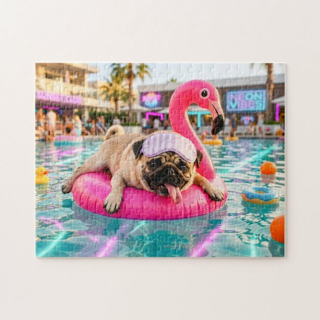 Mops auf rosa Flamingo-Schwimmkörper Puzzle (Horizontal)