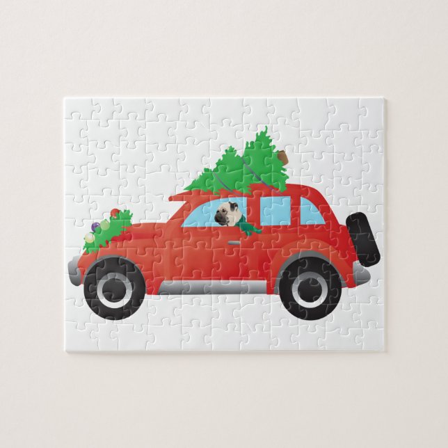 Mops Autofahren mit einem Weihnachtsbaum oben Puzzle (Horizontal)