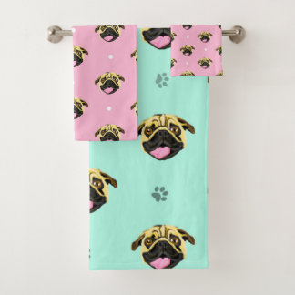 Mops Baby Rosa und Mint Badhandtuch Set