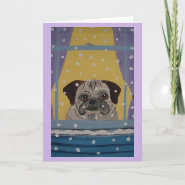 Mops beim Schneefall zuschauen Karte (Vorderseite)