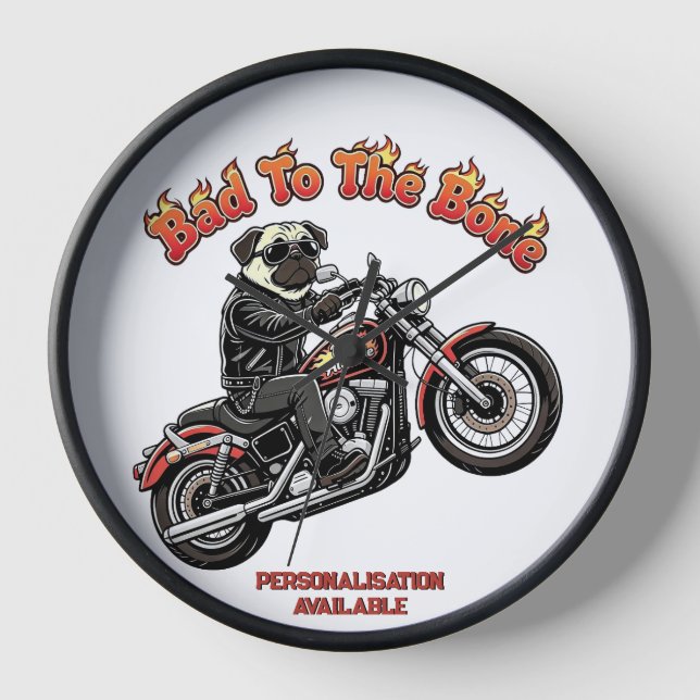 Mops-Biker mit schlechten Knochen und Mops-Einstel Uhr (Vorderseite)